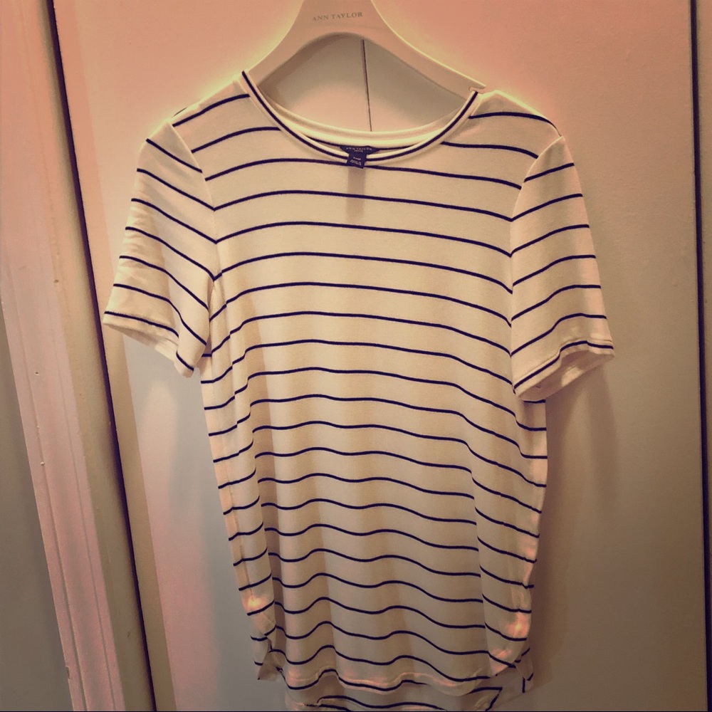 A short sleeve top with narrow black stripes.
